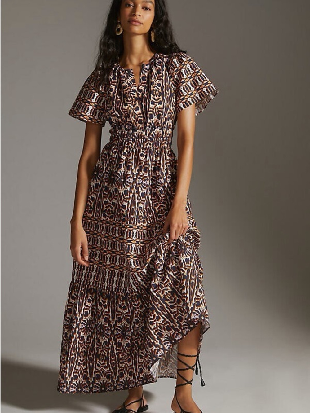 Anthropologie Brown and Black Patterned Tiered Maxi Dress
